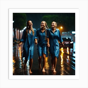 Happy Young Women In Rain Art Print