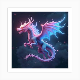 A Surreal Dragon With Scales Of Flowing, Neon Light Soaring Through A Cosmic Nebula Art Print