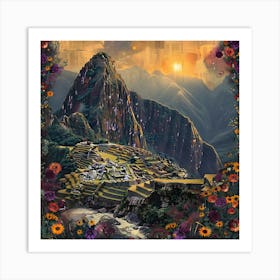 Machu Picchu, with flowers, retro collage Art Print