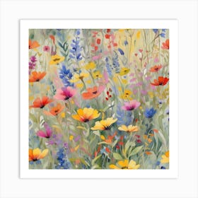 Multicolored Wildflowers Watercolor Field Drawing Summer 3 Art Print