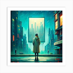 Woman In A Futuristic City Looking At A Billboard Art Print