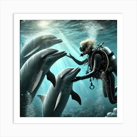 Scuba Diver With Dolphins Poster