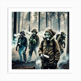 Group Of Soldiers In Gas Masks In The Forest Art Print