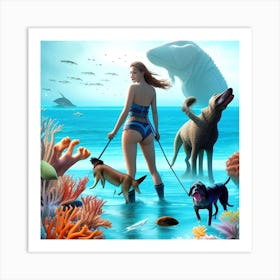 Woman Walking Her Dog In The Ocean Art Print