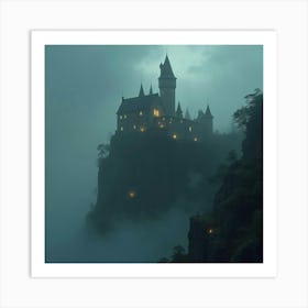 An Ancient Castle Atop A Cliff, Shrouded In A Mystical Fog And Glowing Runes 1 Art Print