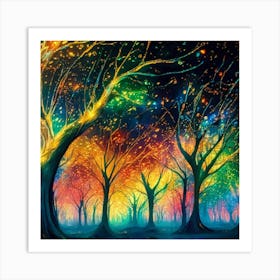 A captivating scene of trees that appear to be alive, with twinkling lights and vibrant 6 Art Print