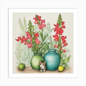 Drawing Of A Still Life Of Snapdragon With A Cat Art Print Art Print