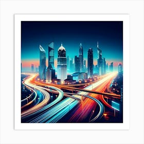 An Illustration Of A City At Night With Bright, Colorful Lights And A Modern Look 1 Art Print