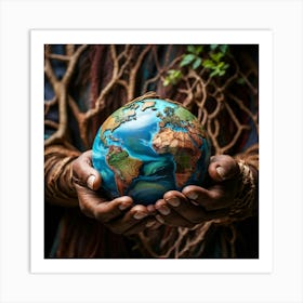 A Hand Of Earthy Brown Weaves Cradling A Detailed Miniature Globe Veins And Tendons Popping Against (2) Art Print