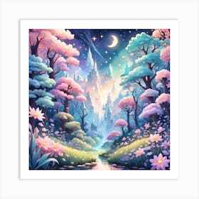 A Fantasy Forest With Twinkling Stars In Pastel Tone Square Composition 442 Art Print