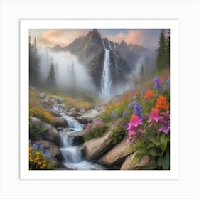 Waterfall In The Mountains paintings art print 1 Art Print