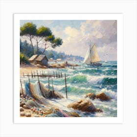 Fishing Nets On The Beach, Acrylic Painting Style Art Print