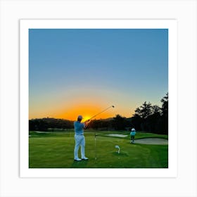 Golf Course At Sunset Golfer In Mid Swing With A Pristine White Driver Caddie Standing By With Clu (5) Poster