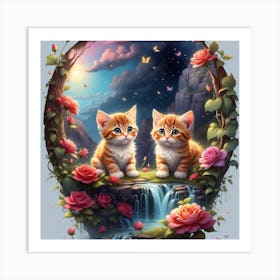 Two Kittens By The Waterfall Art Print