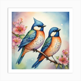 Two Birds Perched On A Branch Art Print