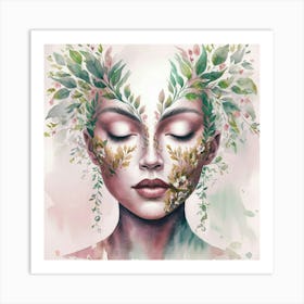 Woman With Leaves On Her Face Art Print