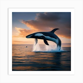 Orca Whale Jumping At Sunset Art Print