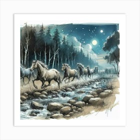 Horses In The Night Art Print