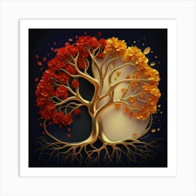 Template: Half red and half black, solid color gradient tree with golden leaves and twisted and intertwined branches 3D oil painting 3 Art Print