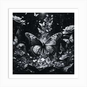 Black and White Butterfly And Roses Art Print