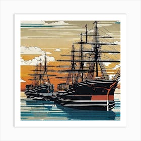 Sailing Ships At Sunset Art Print