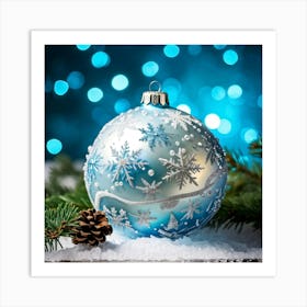 Closeup Of A Shiny White Bauble Adorned With Snowflakes Reflecting The Merry Lights Of A Festive Ch (4) Art Print