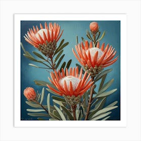 Default Coral Proteas Painted On Blue Art 3 Art Print