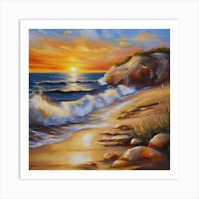 The sea. Beach waves. Beach sand and rocks. Sunset over the sea. Oil on canvas artwork.18 Art Print