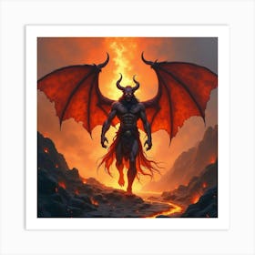 Demon In Fiery Volcanic Realm, Watercolor, Intense Hues 1 Art Print