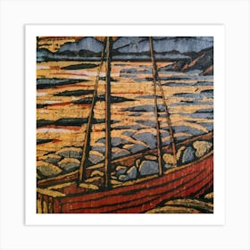 Oil painting of a boat in a body of water, woodcut, inspired by Gustav Baumann 2 Art Print