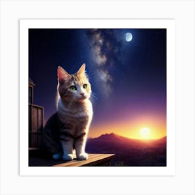 Cat at roof top on moon light Art Print