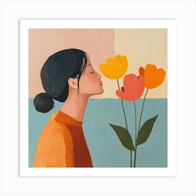 Minimalist Portrait Of Woman With Tulips Art Print