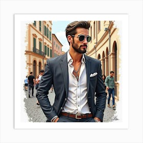 Stylish Italian Man In Watercolor, Attending A Glamorous Evening Event In Rome Art Print