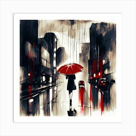 Rainy Day, Busy City, Charcoal, Woman Holding Umbrella, Red Art Print