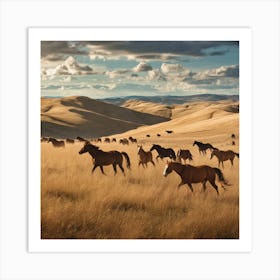 Golden Prairie: Where Wild Mustangs Roam Beneath Endless Skies Art Print