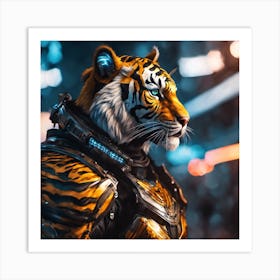 A highly detailed digital painting of a tiger wearing full body armor in a cyberpunk style. 1 Art Print