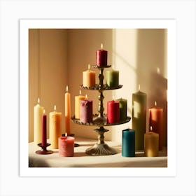 A Image Of Different Color Candles On A Stand 1 Art Print