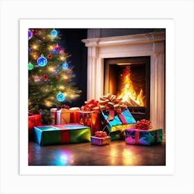 Christmas Presents Under Christmas Tree At Home Next To Fireplace Broken Glass Effect No Backgroun (5) Art Print