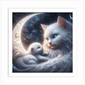 White Cat And Kitten On The Moon Art Print