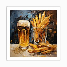 One Beer And French Fries Badge Hand Drawn Oil 0d Art Print