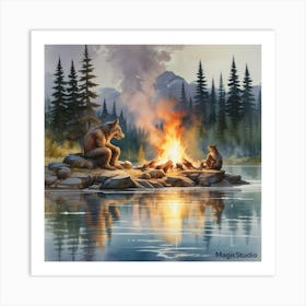 Bears By The Campfire Art Print