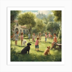 Children, cats and dogs playing Art Print