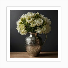 White Carnations In A Silver Vase Art Print