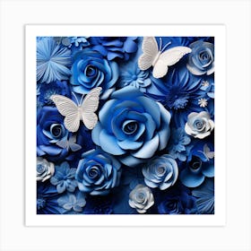 Blue Roses And Butterflies 1 Art Print