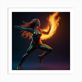 A Phoenix-style female mermaid suspended in space with her hands coming forward casting a spell with a dynamic and expressive hand pose, her face is serious, her long braided fire-red hair reflects psychedelic rainbow flames and her eyes are glowing neon orange with energy smoke coming from the sides, her bodysuit and boots are full gold chrome with her body in a defensive dynamic flying pose, psychedelic black light colors, hyper-realistic, Full body shot zoomed out xcxc Art Print