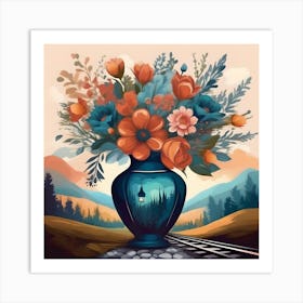Flower Vase Decorated with Train Station, Blue and Orange Art Print