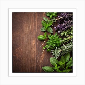 Fresh Herbs On A Wooden Table Art Print