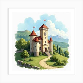 Historic Italian Castle In Watercolor, Surrounded By A Lush Landscape 1 Art Print