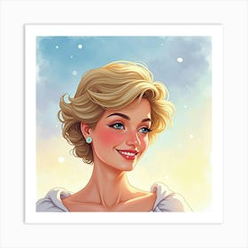 Princess Diana Smiling Softly, With A Watercolor Sky Of Bright Pastels 1 Art Print