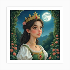 Watercolor Portrait Of Young Queen In A Serene, Moonlit Garden Art Print